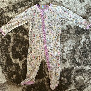 Magnetic Me White Floral Footed One-Piece with Lilac Ruffle Trim